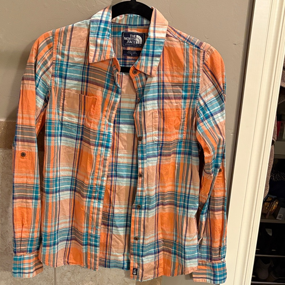 The North Face Orange and Blue Plaid Shirt